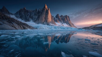 Arctic tundra landscape icy blue water mirroring jagged glaciers and midnight sun beautiful surreal reflection of frozen wilderness
