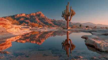Minimalist desert landscape at dawn a lone cactus reflected in a rare rainwater pool beautiful stark contrast of earth and sky