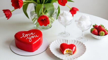 Romantic heart shaped desserts and fresh strawberries on white table