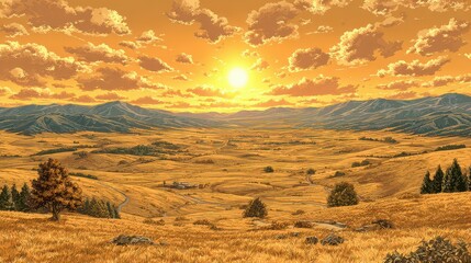 Golden Landscape Under a Bright Sunlight in a Pixel Art Style with Lush Green Fields Yellow Grasslands and a Horizon of Distant Mountains Under an Orange Sky