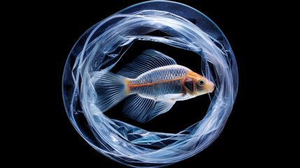 Plastic trash. Conceptual image of fish and plastic. Plastic pollution of the ocean, ecological crisis. Say no to plastic. Single-use plastic waste