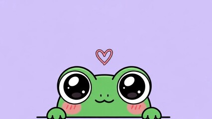 Cute cartoon frog with heart symbol on purple background