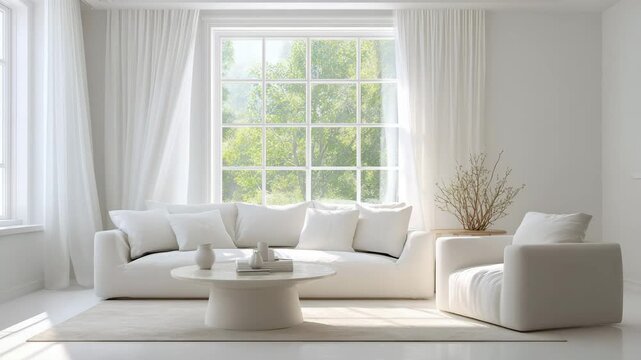 Minimalist bright living room with airy drapes moving subtly, white sofa, armchair, round coffee table, and large window showing green trees