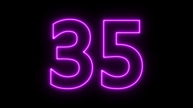 glowing neon text 35 number countdown icon. flickering neon number 35 on black background.
