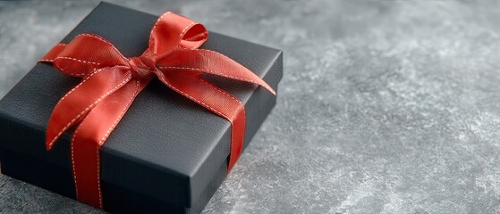 Gift box wrapped in black paper with red ribbon bow on dark background for Black Friday sale banner design and template use