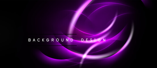 Dark purple abstract background. Glowing lines create swirling shapes, modern design element. Text reads background design.