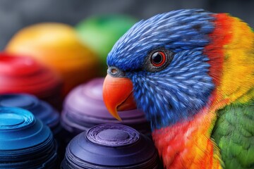 Colorful parrot posing beside vibrant paint containers at an artist's studio