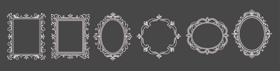 Fototapeta na wymiar Elegant whimsical lace paper frames set with vintage ornate borders in rectangular and oval shapes with whimsy lines and squiggles. Wedding invitations, photo overlays, scrapbooking, romantic branding