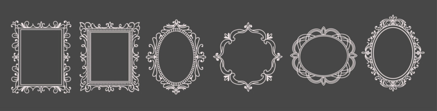 Elegant whimsical lace paper frames set with vintage ornate borders in rectangular and oval shapes with whimsy lines and squiggles. Wedding invitations, photo overlays, scrapbooking, romantic branding