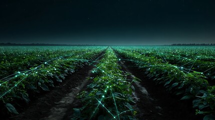 Glowing digital network overlaying vast agricultural field under a starlit, twilight sky