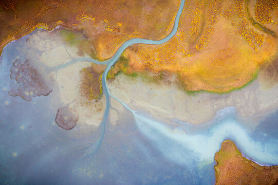 Aerial view of winding waterways carve through the Alaskan landscape, where gold and ochre grasslands meet the cool blues of the water, Alaska, United States.