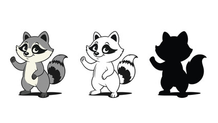 Obraz premium Three cartoon raccoons in different color styles on a white background