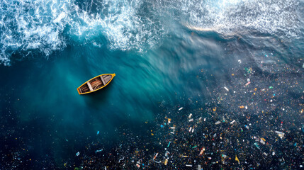 Fototapeta premium Top view of a kayak floating among plastic garbage turquoise water of the sea. Plastic pollution of the ocean is an environmental problem. A global problem, a threat to ocean wildlife and calling