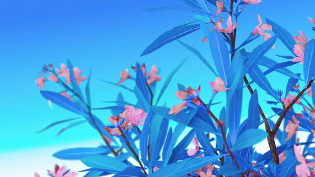 Pink oleander flowers with artistic blue leaves against vibrant sky, surreal floral artwork perfect for creative design, backgrounds, or digital art projects