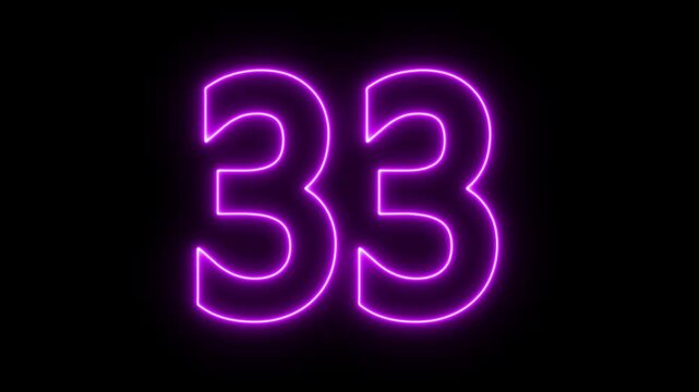 glowing neon text 33 number countdown icon. flickering neon number 33 on black background.