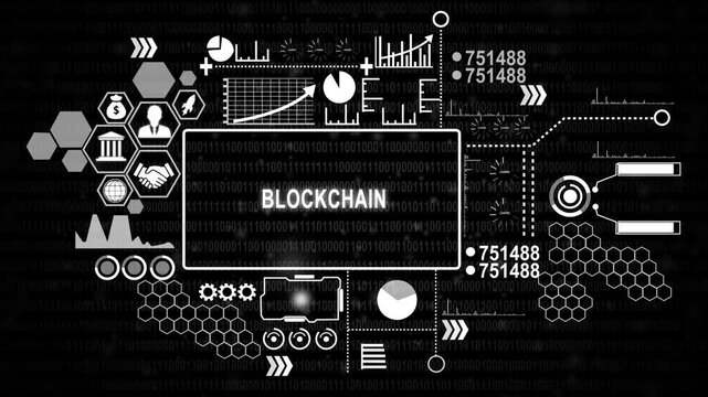 Blockchain technology concept with digital elements and data visualization
