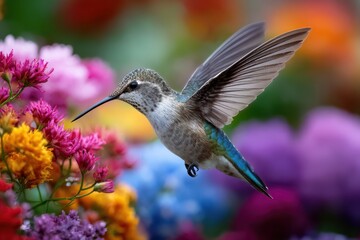 Hummingbird in Flight Near Vibrant Blossoms A Garden Jewel