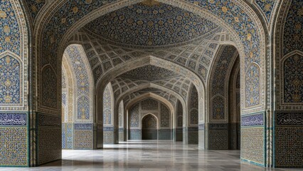 Intricate Islamic arches in ornate mosque or palace hallway