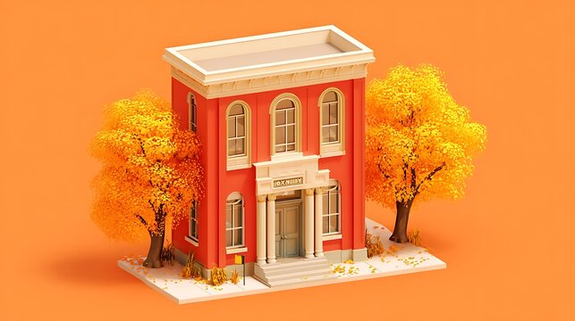 Cartoonish red building with classical architecture, autumn trees, and orange background