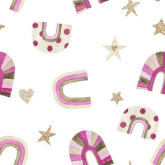 Watercolor seamless pattern with rainbow and stars. Hand drawn abstract kids  print