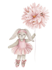 Cute watercolor ballerina. Hand drawn isolated illustration on white background. Bunny girl with floral balloon