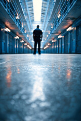 A police officer stands in a long hallway of a vacant prison. Blue doors are visible along both sides, illuminated by bright lighting above