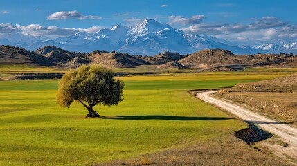 Scenic View of Green Field with Single Tree Snowy Mountain Peaks Under Cloudy Blue Sky in Distance on Sunny Day