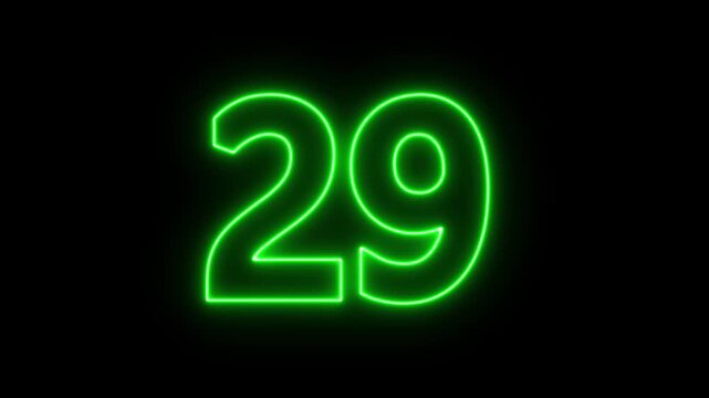 glowing neon text 29 number countdown icon. flickering neon number 29 on black background.
