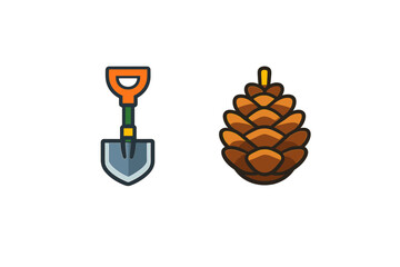 Obraz premium Stylized shovel and pine cone icons on a gradient background