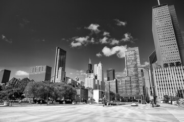 Chicago, IL - July 25, 2024: Downtown Chicago street and skyscrapers on a summer day