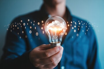 A man in a blue shirt holding a glowing lightbulb with a cloud inside, surrounded by digital binary code