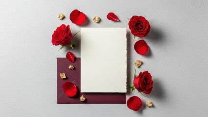 Romantic Valentine's Day setup with red roses and blank card