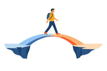 Person walking across a glowing bridge between two ledges