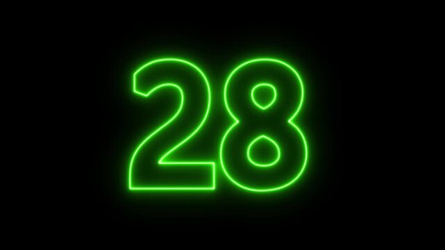 glowing neon text 28 number countdown icon. flickering neon number 28 on black background.
