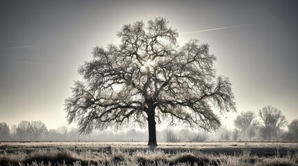Solitary Tree Silhouette Against Glowing White Sky in Open Field Landscape with Tall Grass and Soft Lighting at Sunrise