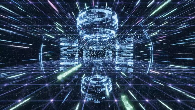 Abstract Futuristic Digital Tunnel With Blue And Purple Lights And Glowing Binary Code Data Streams