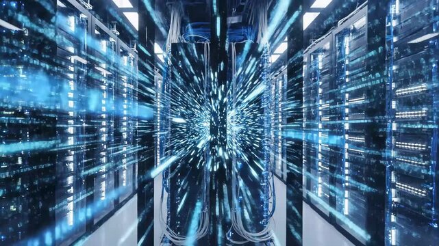 Futuristic Data Center With Rows Of Servers Glowing With Blue Lights And Digital Data Streams Flowing