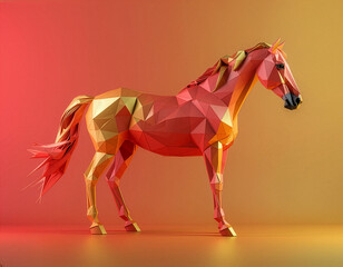 Obraz premium Red and gold low poly horse standing in profile on a warm gradient background, symbolizing strength, stability, prosperity, and Chinese New Year tradition