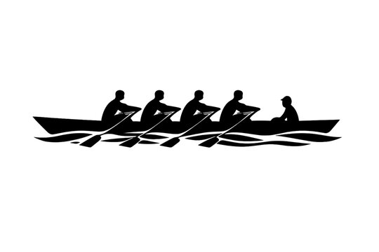 Silhouette of a rowing crew on a lake