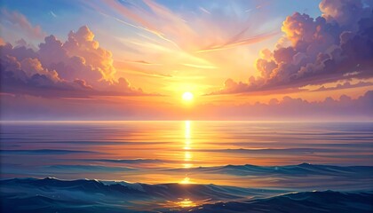 Fototapeta premium Dramatic Ocean Sunrise with Golden Rays and Clouds at Dawn Over Calm Sea