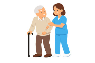 Nurse assisting elderly man with cane