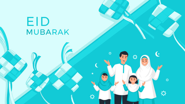 Selamat hari raya Idul Fitri is another language of happy eid mubarak in Indonesian. Cartoon muslim family celebrating Eid al fitr with mosque and arabic frame on background