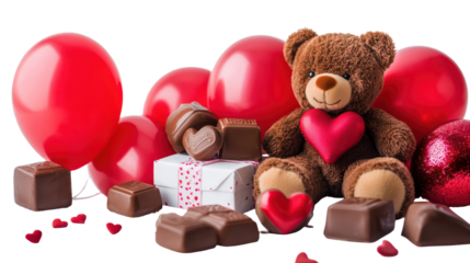 Valentine's day teddy bear with chocolate hearts and balloons