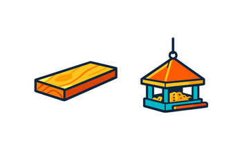 Isometric wooden plank and bird feeder