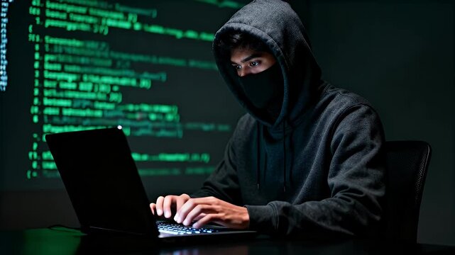 A person in a black hoodie and mask typing on a laptop with green code displayed in the background, depicting a hacker or cybercrime activity.