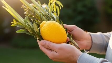 Hands holding the Four Species (Etrog, Lulav, Hadass, Aravah) for the Jewish holiday of Sukkot. Ideal for religious articles, greeting cards, Sukkot festival marketing and cultural blogs