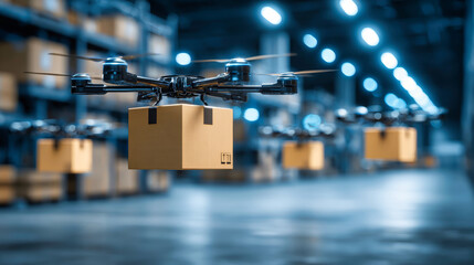 Black drones transport cardboard boxes in a large warehouse filled with shelves and digital process lines. The scene shows advanced logistics in motion