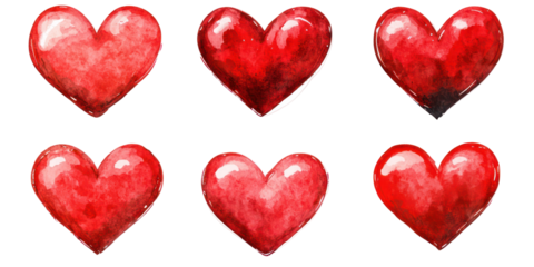 Set of six glossy red hearts valentine's day decoration