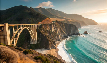 Majestic Coastal Bridge Spanning Rugged Cliffs at Sunset