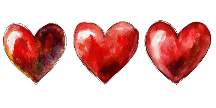 Watercolor valentine hearts, romantic love symbols, isolated on transparent background - Powered by Adobe